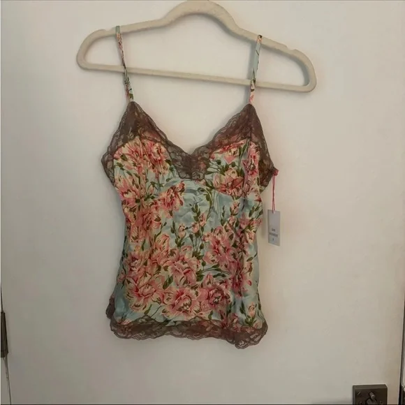 Gold Hawk 100% silk top floral print, Tiffany frappe lace sleeveless Cami M - Picture 4 of 7